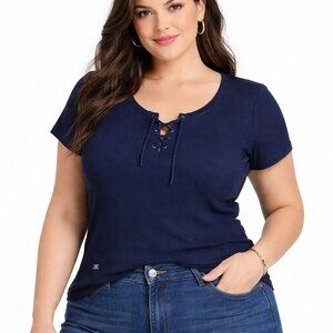 Lauren Ralph Lauren Navy Short Sleeve Lace-Up Neck Top 3X